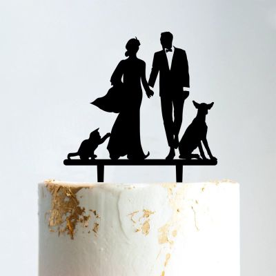 Mr & Mrs Monogram Bridal Shower Topper Bride And Groom with Pet Wedding Cake Topper Couple Silhouette Personalized Wedding Cake Topper Rustic Wreath Cake Topper Black Acrylic, 6 Inch