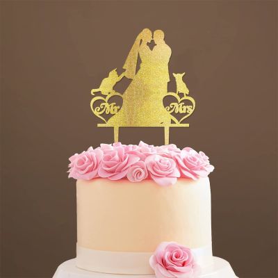 Mr And Mrs Cake Toppers for Wedding Bride And Groom with Pet Wedding Cake Topper Couple Silhouette Custom Wedding Cake Topper Anniversary Cake Toppers Gold Glitter Wood, 6 Inch
