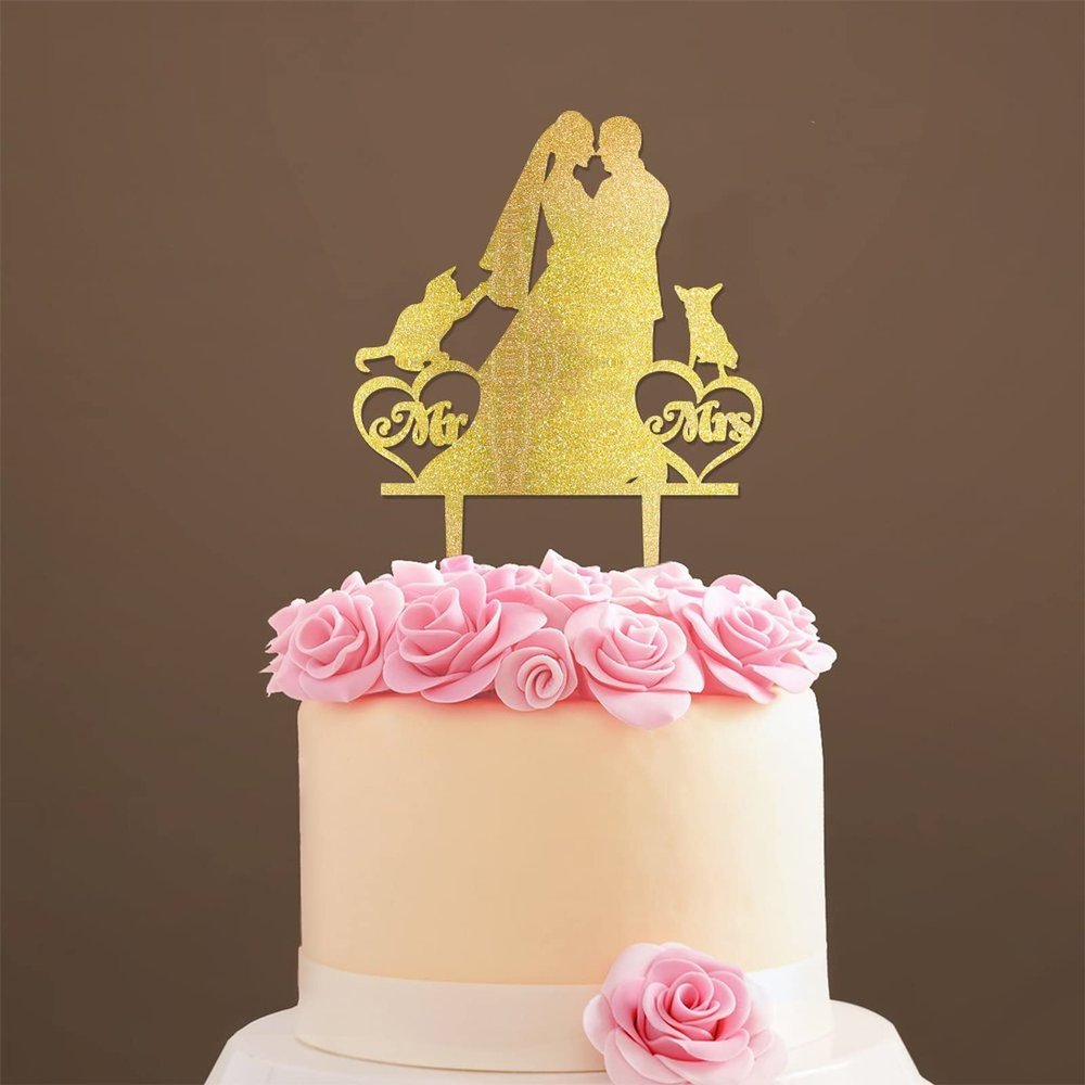 Mr And Mrs Cake Toppers for Wedding Bride And Groom with Pet Wedding Cake Topper Couple Silhouette Custom Wedding Cake Topper Anniversary Cake Toppers Gold Glitter Wood, 6 Inch