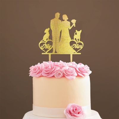 Mr & Mrs Wedding Cake Topper Bride And Groom with Pet Wedding Cake Topper Couple Silhouette Custom Wedding Cake Topper Rustic Wedding Cake Topper Gold Glitter Wood, 6 Inch