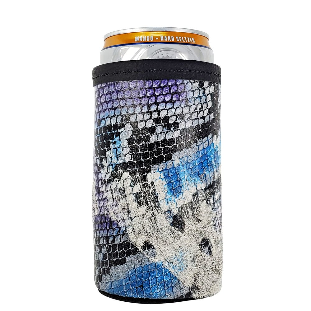 Cowhide Skinny Can, Animal Print Hair On Cowhide, Slim Beer Holder, Drink Huggie, Leather Drink Wrap Huggie (Purple Snake Print)