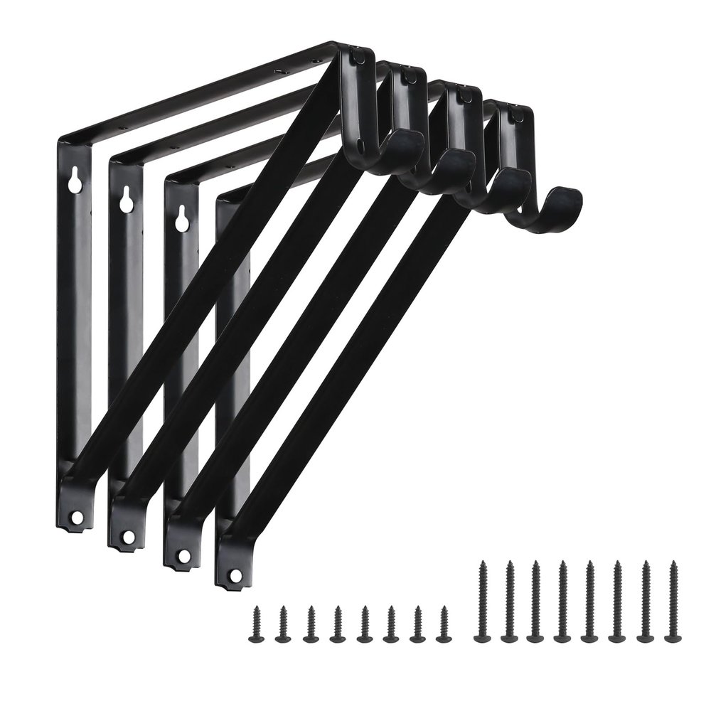 HOME MASTER HARDWARE Heavy Duty Closet Shelf Rod Brackets, Wall Mounted Closet Shelves Bracket with Rod Shelving Support, Black with Screws 4 Pack