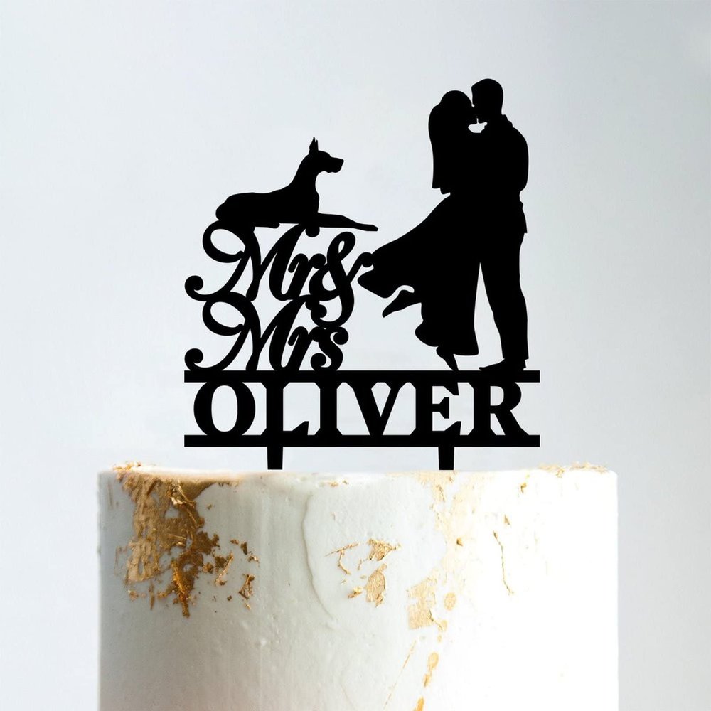 Mr And Mrs Cake Topper Bride And Groom with Pet Wedding Cake Topper Couple Silhouette Personalized Wedding Cake Topper Rustic Wreath Cake Topper Black Acrylic, 6 Inch