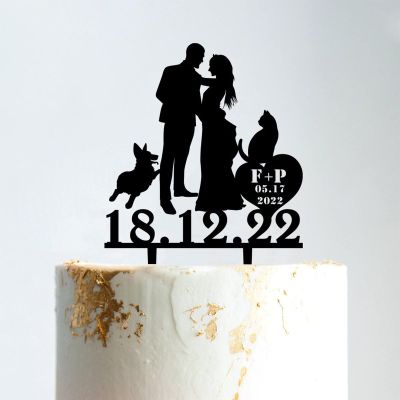 Mr And Mrs Cake Topper Bride And Groom with Pet Wedding Cake Topper Couple Silhouette Personalized Wedding Cake Topper Funny Cake Toppers for Wedding Black Acrylic, 6 Inch