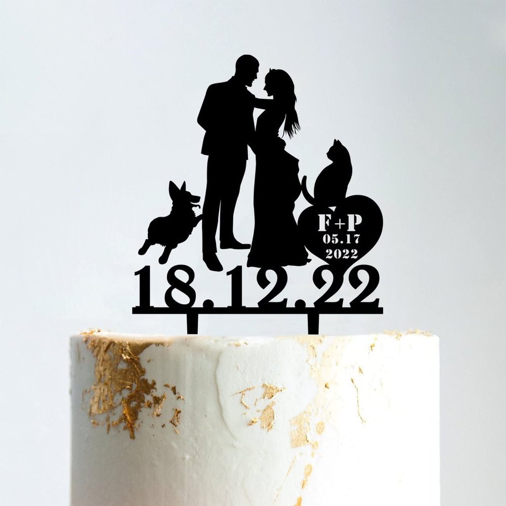 Mr And Mrs Cake Topper Bride And Groom with Pet Wedding Cake Topper Couple Silhouette Personalized Wedding Cake Topper Funny Cake Toppers for Wedding Black Acrylic, 6 Inch