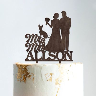 Mr & Mrs Rustic Wreath Couple's Names Cake Topper Bride And Groom with Pet Wedding Cake Topper Couple Silhouette Personalized Cake Topper Script Cake Toppers for Wedding Brown Wood, 6 Inch