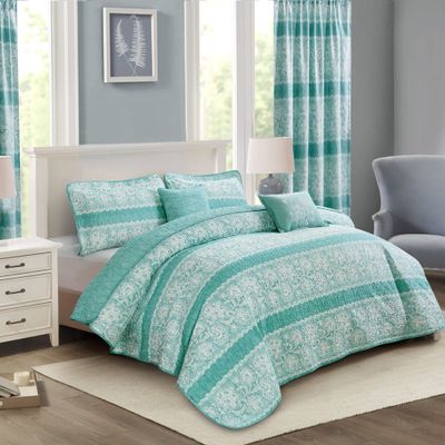HESTIN 7 Piece Stripe Microfiber Reversible Bedspread Floral Design Matching Light Filtering Curtains for All Season, Blue, Oversize (122" x 106")