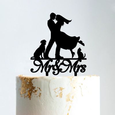 Mr & Mrs Monogram Bridal Shower Topper Bride And Groom with Pet Wedding Cake Topper Couple Silhouette Personalized Wedding Cake Topper Rustic Wedding Cake Topper Black Acrylic, 6 Inch