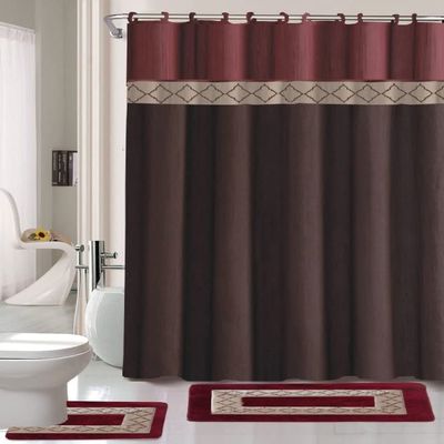 15-Piece Dynasty2 Burgundy Bathroom Non-Slip Bath Contour Rug Mat Set Fabric Shower Curtain Hooks Included