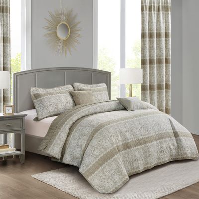 HESTIN 7 Piece Stripe Microfiber Reversible Bedspread Floral Design Matching Light Filtering Curtains for All Season, Tan Beige, Oversize (122" x 106")