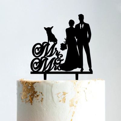 Mr & Mrs Rustic Wreath Couple's Names Cake Topper Bride And Groom with Pet Wedding Cake Topper Couple Silhouette Custom Wedding Cake Topper Anniversary Cake Toppers Black Acrylic, 6 Inch