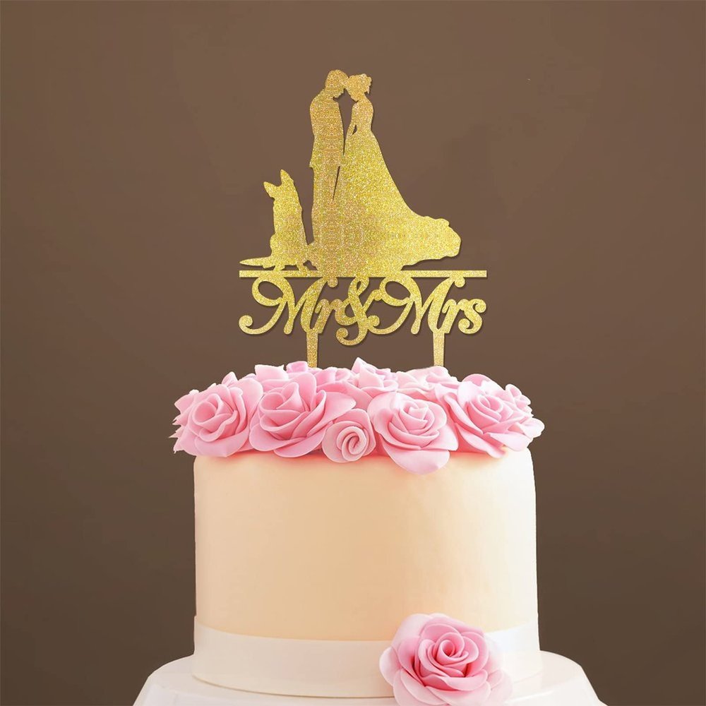 Mr And Mrs Wedding Cake Topper Bride And Groom with Pet Wedding Cake Topper Couple Silhouette Personalized Wedding Cake Topper Script Cake Toppers for Wedding Gold Glitter Wood, 6 Inch