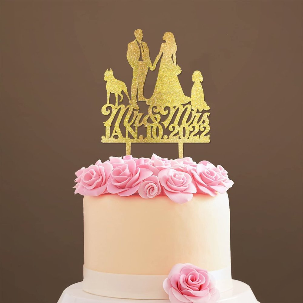 Mr & Mrs Wedding Cake Topper Bride And Groom with Pet Wedding Cake Topper Couple Silhouette Family Wedding Cake Topper Script Cake Toppers for Wedding Gold Glitter Wood, 6 Inch