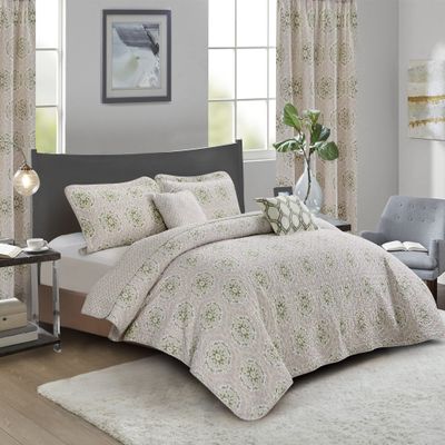 HESTIN 7 Piece Flower Stamp Microfiber Reversible Bedspread Floral Design Matching Light Filtering Curtains for All Season, Pastel Gray, Oversize (122" x 106")