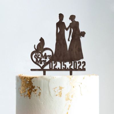 Lesbian Silhouette Wedding Cake Topper with Date with Pet Mrs. & Mrs. Wedding Cake Topper Custom Wedding Cake Topper Bride and Bride Same Sex Wedding Topper Brown Wood, 6 Inch