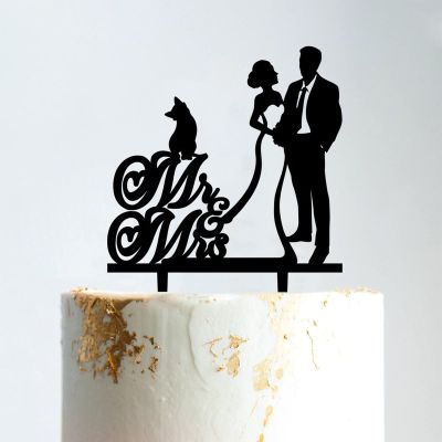 Personalized Mr And Mrs Cake Topper Bride And Groom with Pet Wedding Cake Topper Couple Silhouette Personalized Cake Topper Anniversary Cake Toppers Black Acrylic, 6 Inch