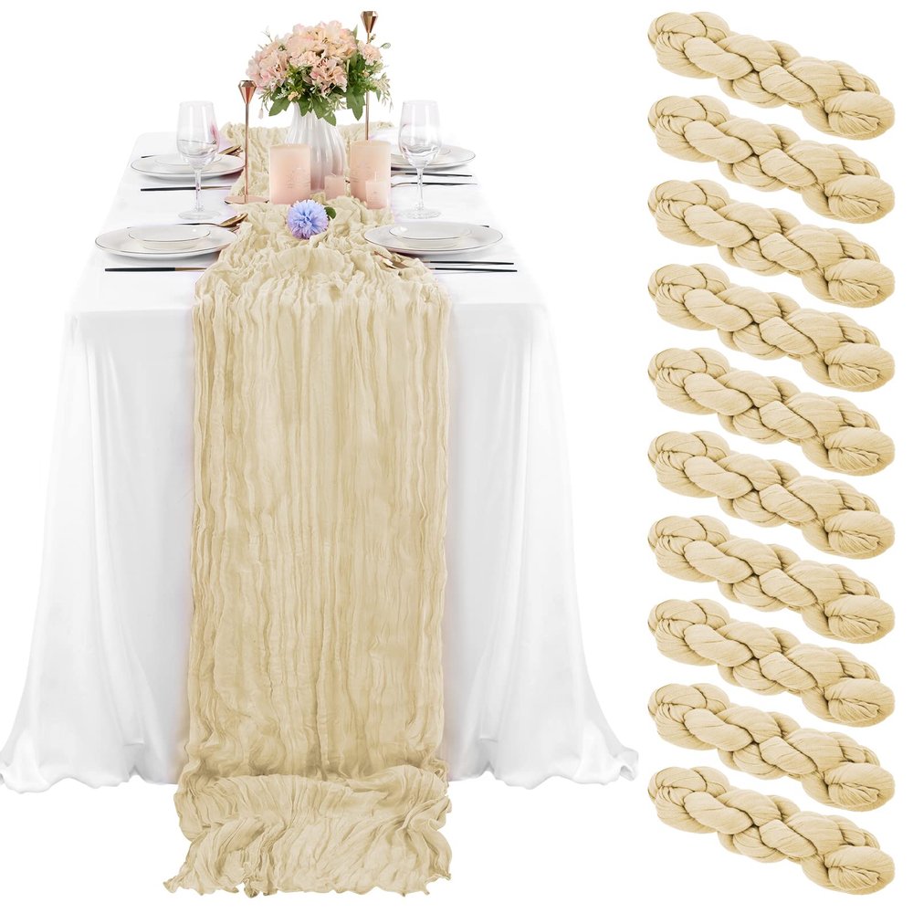 10 Pcs Ivory Cheesecloth Table Runner 10FT, Gauze Table Runner for Wedding Reception Sheer Bridal Shower Birthday Party Boho Table Decoration, Rustic Romantic Wedding Runner