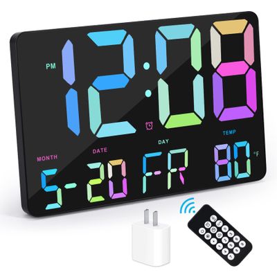 Amgico Digital Alarm Clock with Snooze, Temperature, Auto Dimming, 11.5" Large Display Calendar, Desk/Wall Clock for Bedroom, Living Room, Office, Home, Classroom,Elderly - Rainbow