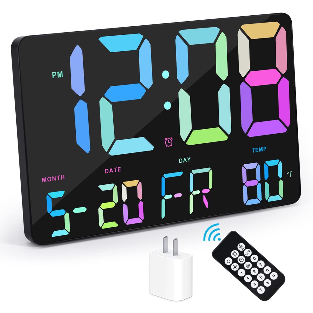 Amgico Digital Alarm Clock with Snooze, Temperature, Auto Dimming, 11.5" Large Display Calendar, Desk/Wall Clock for Bedroom, Living Room, Office, Home, Classroom,Elderly - Rainbow