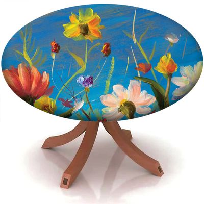 Yaofuren Round Fitted Tablecloth Oil Painting Pattern, Elastic Edge,Waterproof Wipeable Table Cover for Picnic Party,Multicolor,for 28" to 35" Round Tables