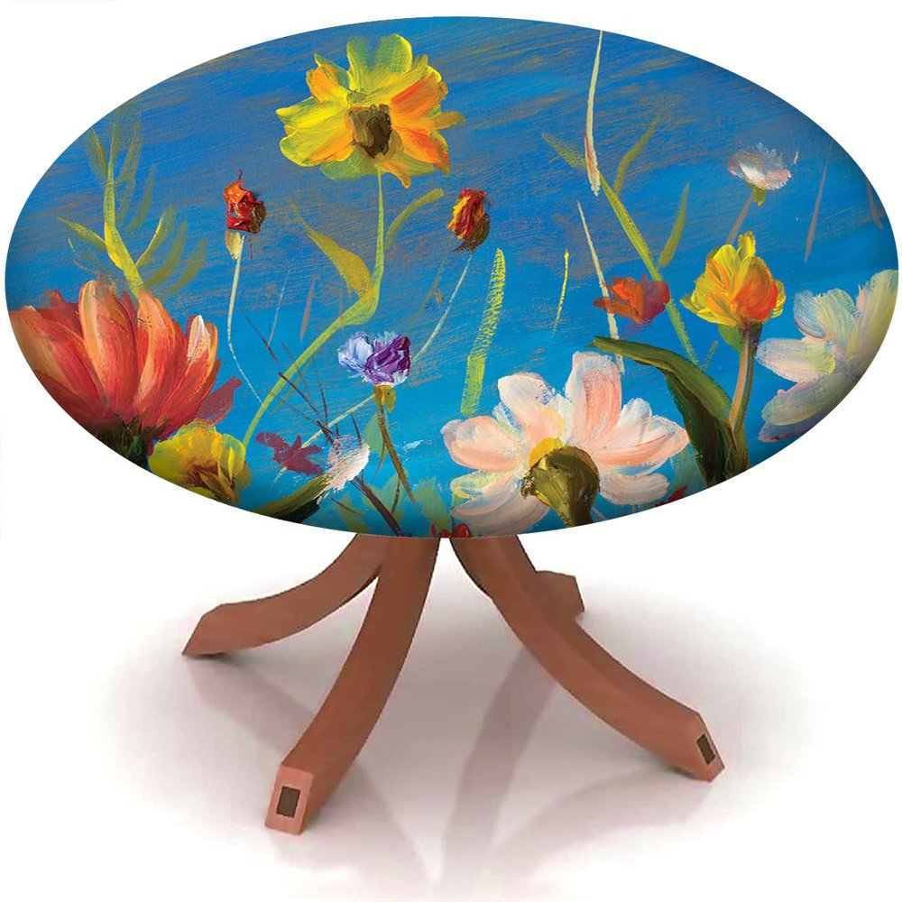 Yaofuren Round Fitted Tablecloth Oil Painting Pattern, Elastic Edge,Waterproof Wipeable Table Cover for Picnic Party,Multicolor,for 28" to 35" Round Tables