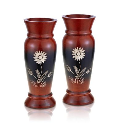 AeraVida Vintage Red Flower 8-Inch Mango Wood Vase Set (2 PCS) | Rustic Handcrafted Wooden Vases for Tabletop & Home Decor