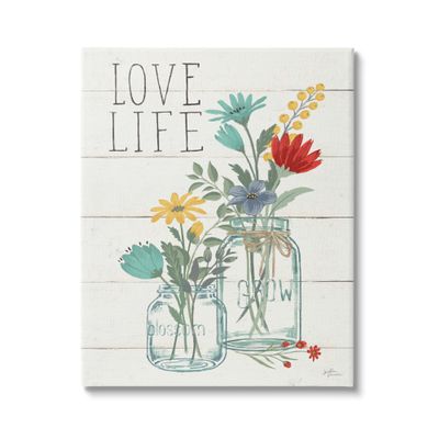 Stupell Industries Love Life Sentiment Blue Yellow Blooming Flowers Blossom Jar, Design by Janelle Penner