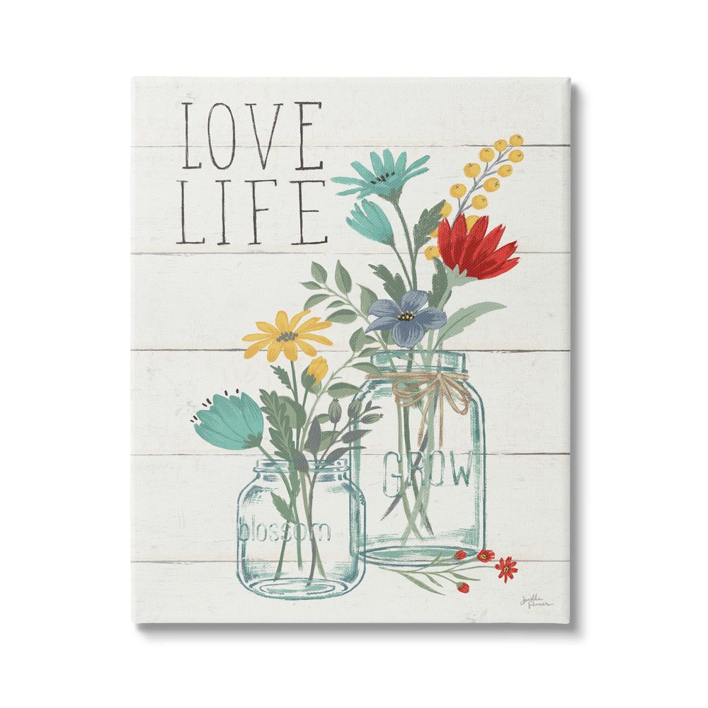 Stupell Industries Love Life Sentiment Blue Yellow Blooming Flowers Blossom Jar, Design by Janelle Penner
