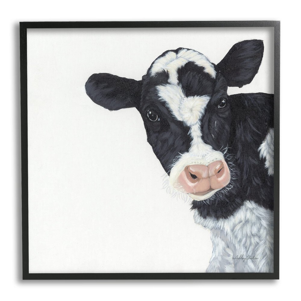 Stupell Industries Black White Minimal Calf Cow Cattle Painting,Design by Ashley Justice