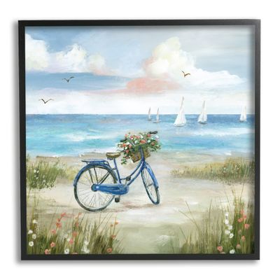 Stupell Industries Charming Blue Bicycle Floral Bouquet Distant Beach Sailboats,Design by Nan