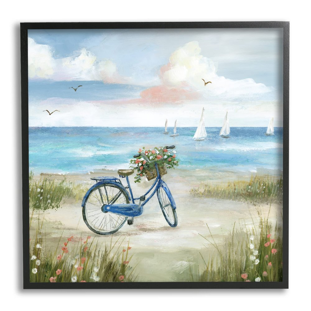 Stupell Industries Charming Blue Bicycle Floral Bouquet Distant Beach Sailboats,Design by Nan
