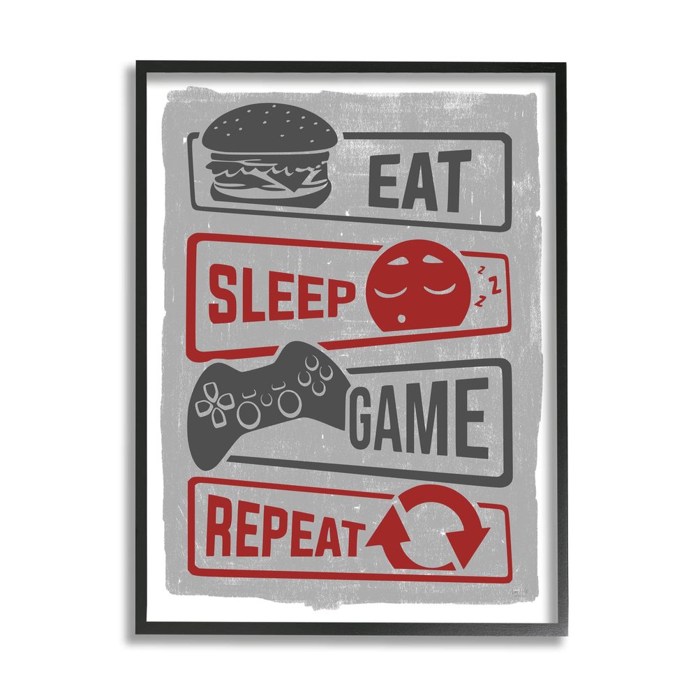 Stupell Industries Eat Sleep Game Repeat Quote Saying Vintage Sign, Design by Lux + Me Designs
