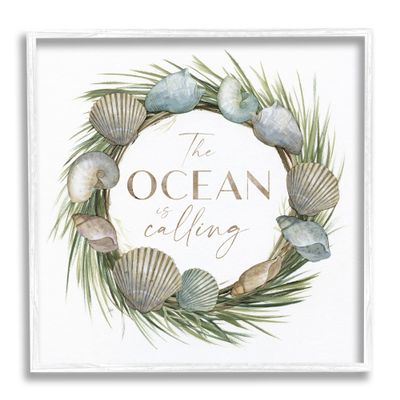 Stupell Industries Ocean Is Calling Quote Botanical Wreath Seashells,Design by Nan
