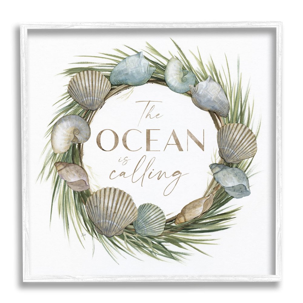 Stupell Industries Ocean Is Calling Quote Botanical Wreath Seashells,Design by Nan