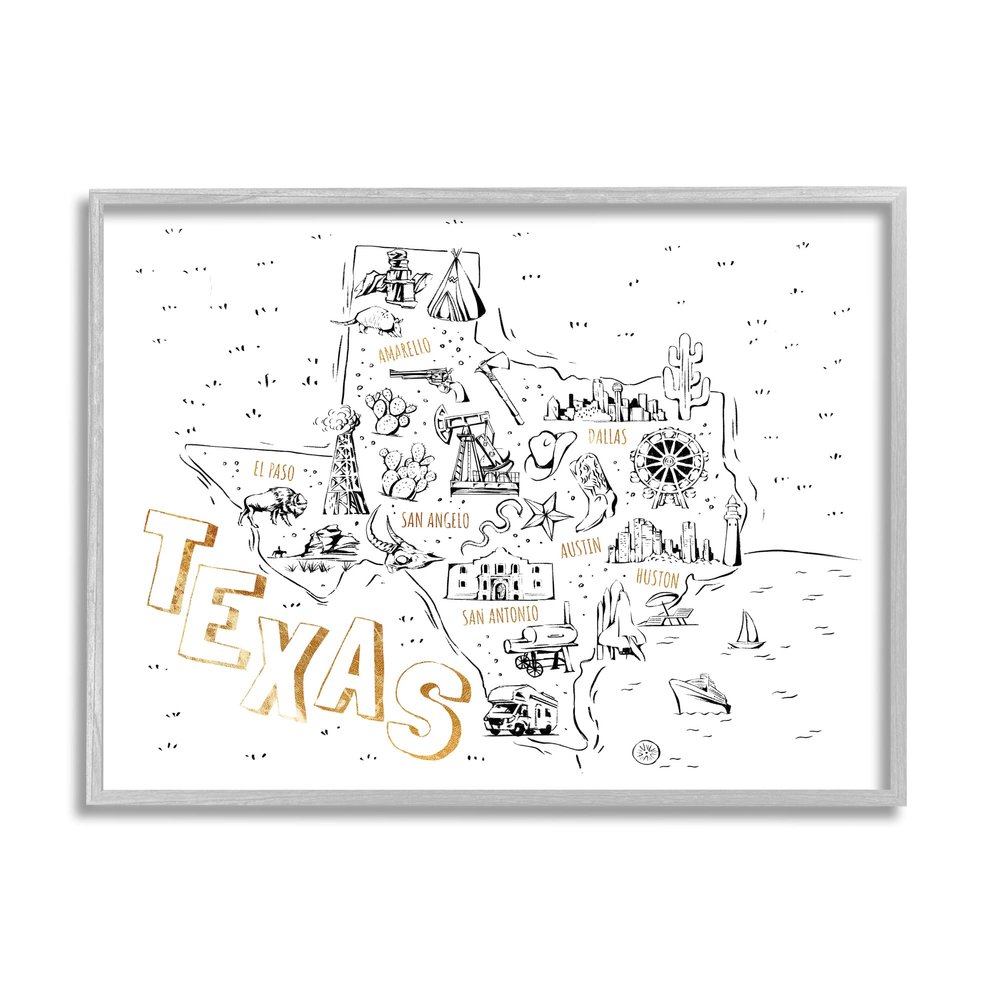 Stupell Industries Illustrated Texas Map Landmarks Destinations Diagram,Design by Ziwei Li