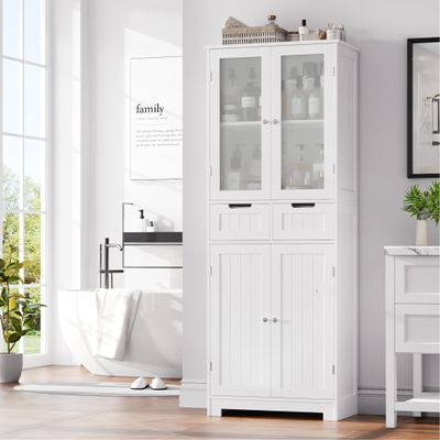 HORSTORS 67" Tall Bathroom Storage Cabinet, Freestanding Linen Cabinet with Glass Door and Shelves, Kitchen Pantry with 2 Drawers for Bathroom, Living Room, Dining Room, Office, White
