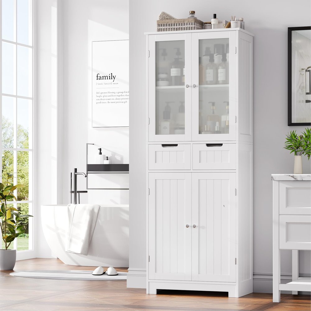 HORSTORS 67" Tall Bathroom Storage Cabinet, Freestanding Linen Cabinet with Glass Door and Shelves, Kitchen Pantry with 2 Drawers for Bathroom, Living Room, Dining Room, Office, White