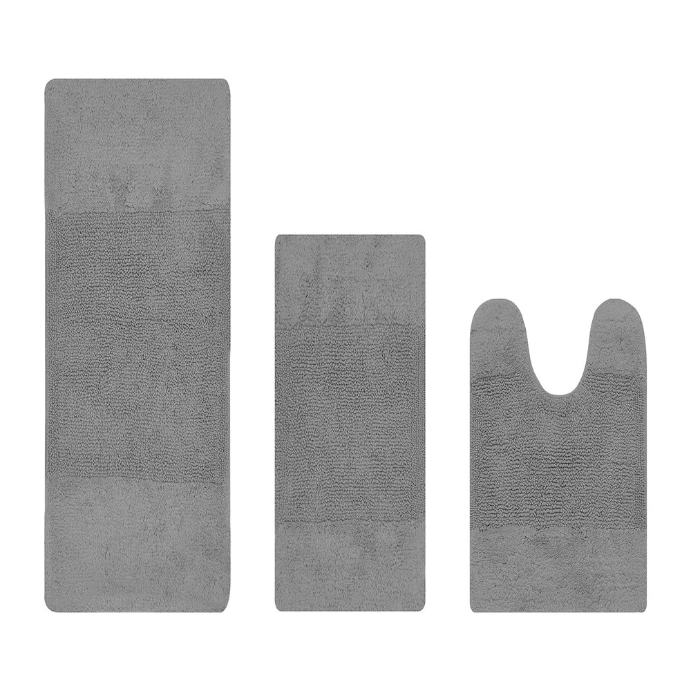 Better Trends 3 Piece Bathroom Rug Set 100% Cotton Non-Slip Washable Bath Mat, Soft & Absorbent Bath Rugs for Bath Room, Shower, Bathtub & Spa Floors Gray Granada Collection