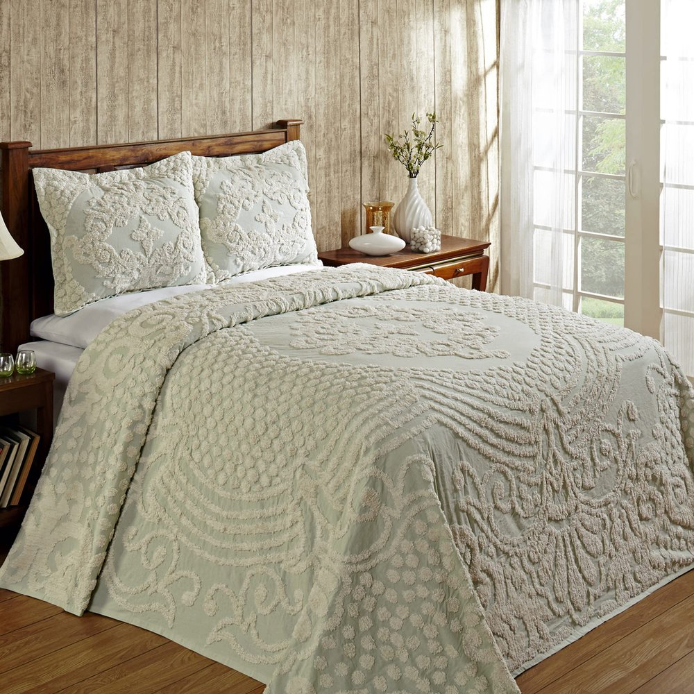 Better Trends 3 Pieces Set Chenille Bedspread King Size 100% Cotton Chenille Bedding Lightweight Bedding Floral Design Bedroom Decor Sage Florence Collection