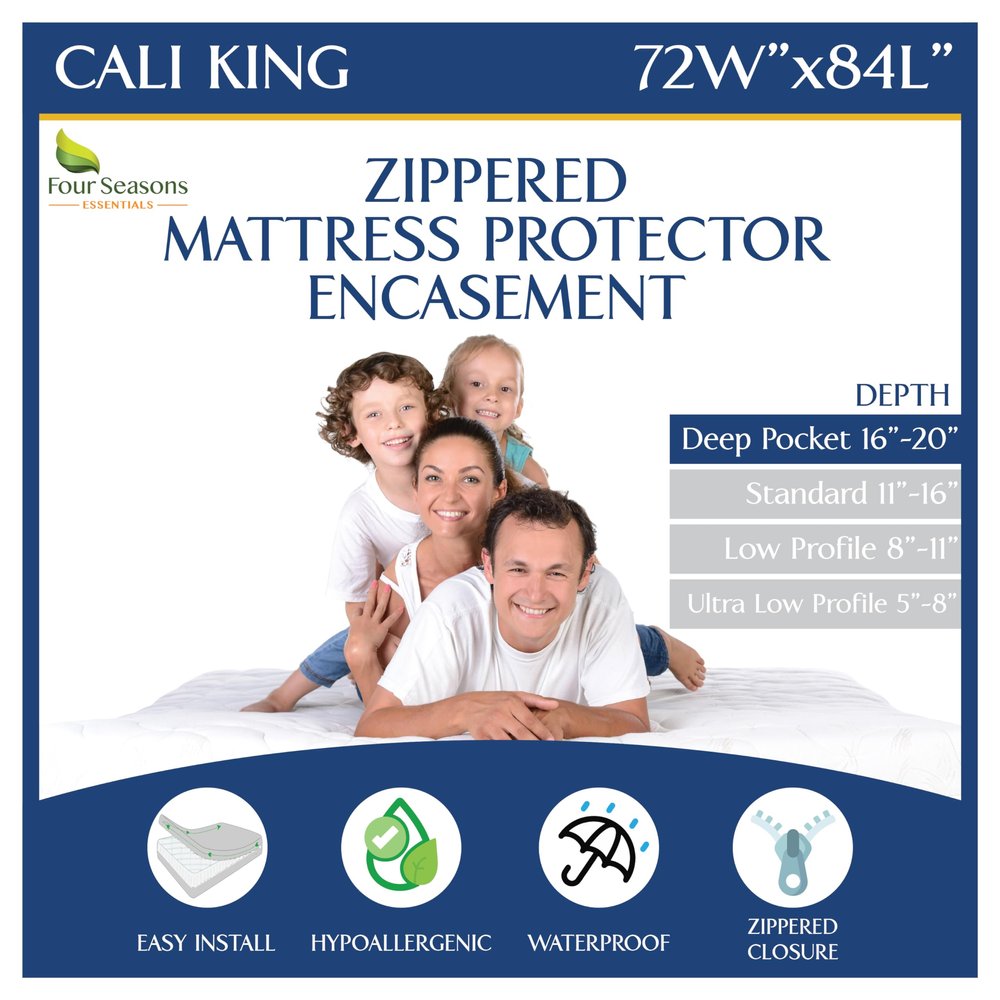 California King Mattress Protector Bedbug Waterproof Zippered Cover - Deep Pocket Fits up to 20" Depth - Hypoallergenic Premium Quality Encasement Protects Against Dust White