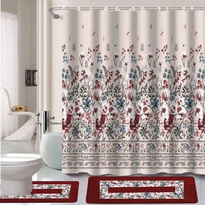 15 Piece Complete Bathroom Bundle Set Printed Design Assorted Colors Bathroom Decor with Shower Curtain, with Hooks and Non Slip Math Rugs (Lucy Burgundy)