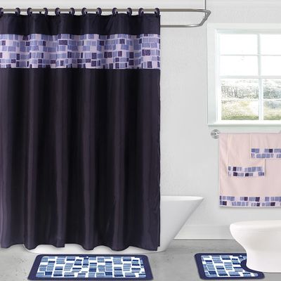 15 Piece Complete Bathroom Bundle Set Printed Design Assorted Colors Bathroom Decor with Shower Curtain, with Hooks and Non Slip Math Rugs (Mosaic Navy)