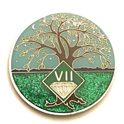 7 Year NA Medallion - Green & Blue Tree of Life , Glitter, Bling, Clean Recovery Chip, Token, Coin