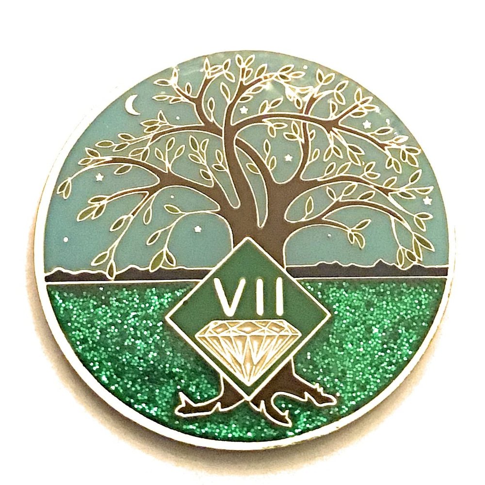 7 Year NA Medallion - Green & Blue Tree of Life , Glitter, Bling, Clean Recovery Chip, Token, Coin