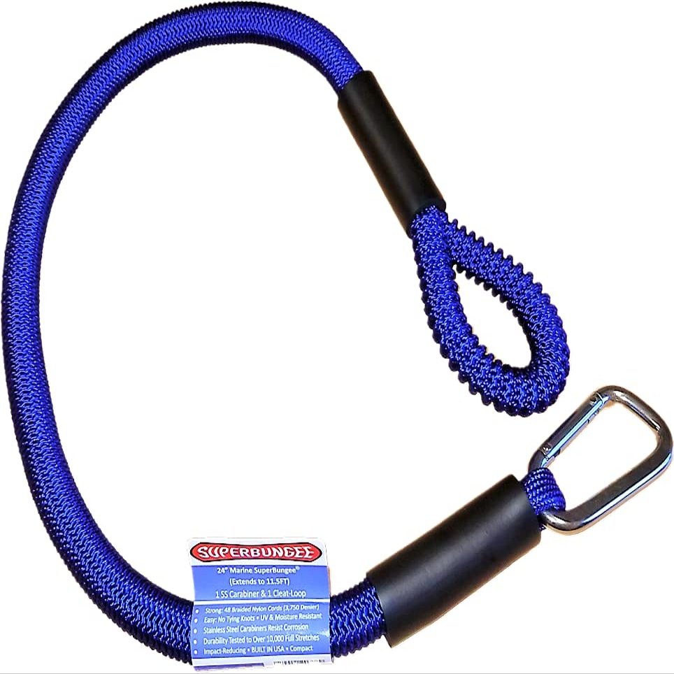 24-Inch Marine Grade SuperBungee Hand Made in The USA with 1 Stainless Steel Hook & 1 Convenient Cleat-Loop Ends (Blue)