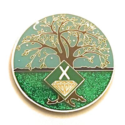 10 Year NA Medallion - Green & Blue Tree of Life , Glitter, Bling, Clean Recovery Chip, Token, Coin