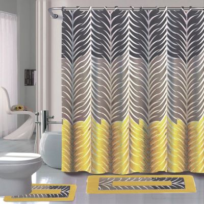 15 Piece Complete Bathroom Bundle Set Printed Design Assorted Colors Bathroom Decor with Shower Curtain, with Hooks and Non Slip Math Rugs (Sonia Yellow)