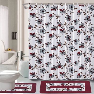 15 Piece Complete Bathroom Bundle Set Printed Design Assorted Colors Bathroom Decor with Shower Curtain, with Hooks and Non Slip Math Rugs (Ashley Burgundy)