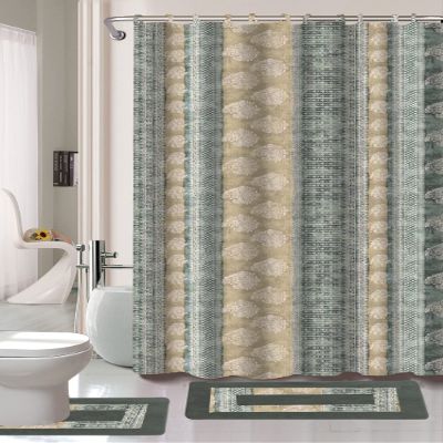 15 Piece Complete Bathroom Bundle Set Printed Design Assorted Colors Bathroom Decor with Shower Curtain, with Hooks and Non Slip Math Rugs (Gaby Green)