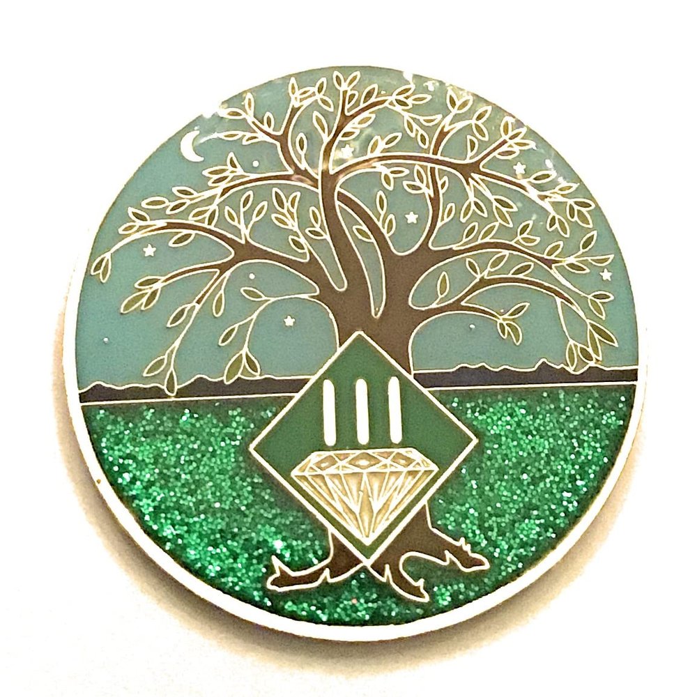 3 Year NA Medallion - Green & Blue Tree of Life , Glitter, Bling, Clean Recovery Chip, Token, Coin